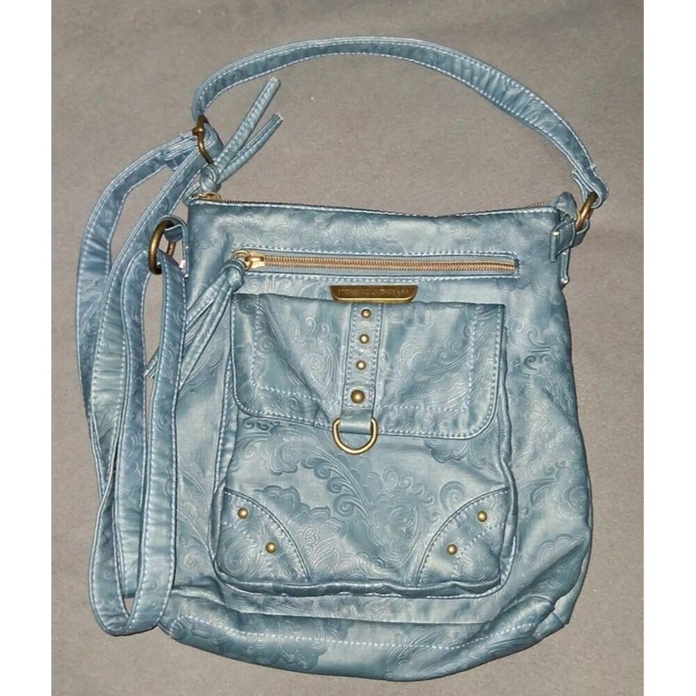 Stone Mountain blue leather purse with accent inlays on front